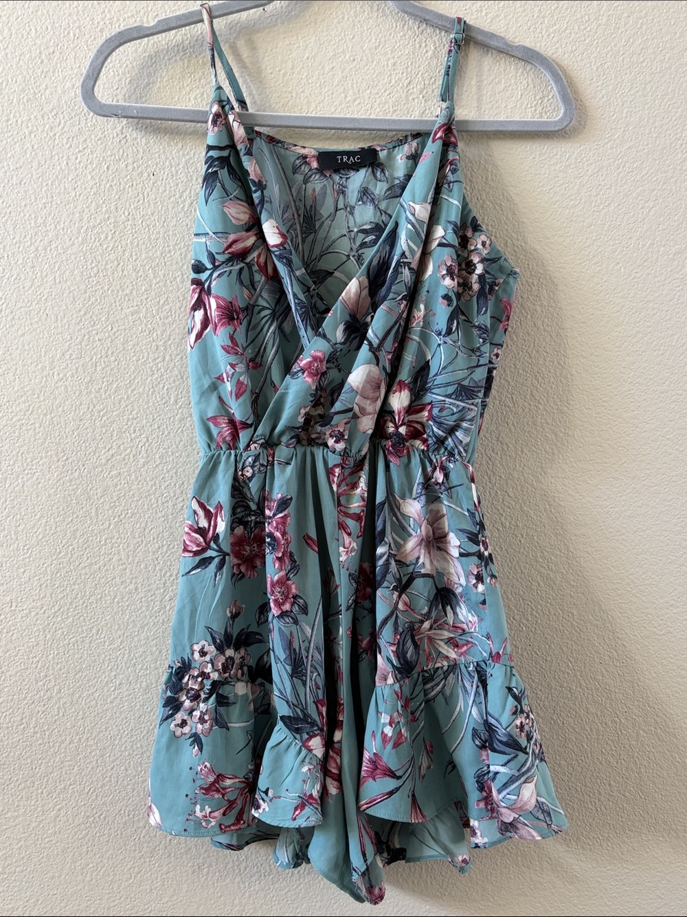 Trac Teal Floral Wrap Romper with Pink Blooms